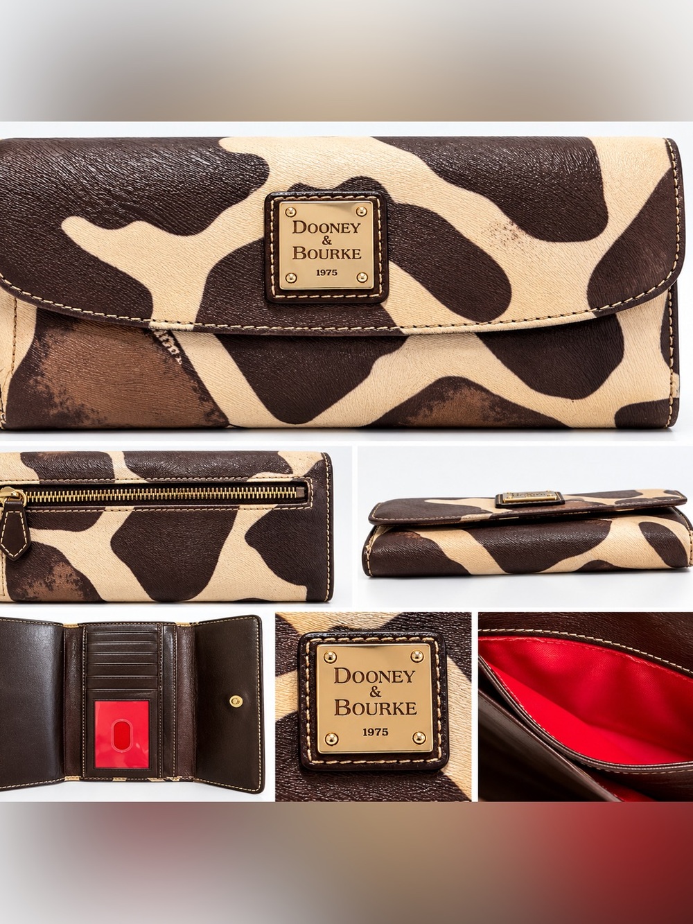 Dooney & Bourke Giraffe Print Continental Wallet Brown Cream Gold Hardware